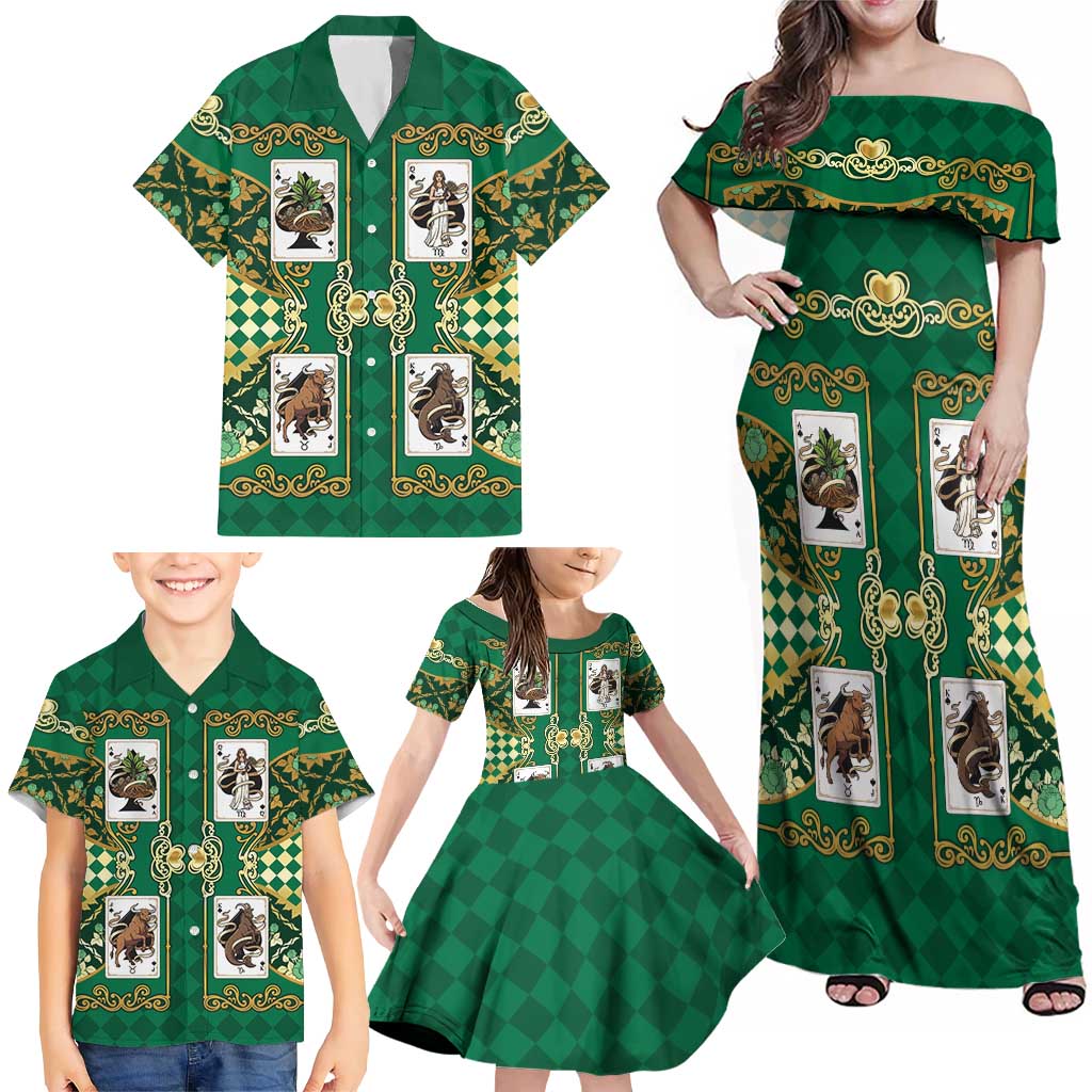 Zodiac Signs Family Matching Off Shoulder Maxi Dress and Hawaiian Shirt The Earth Element Baroque Spades Card
