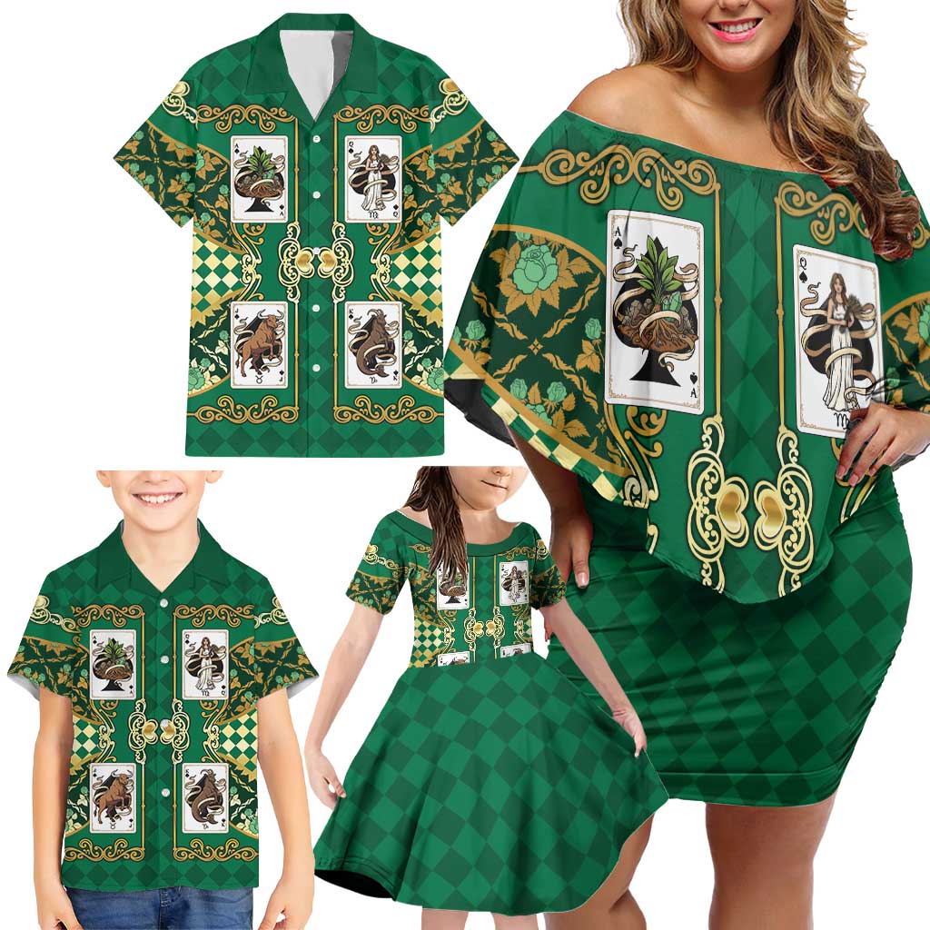 Zodiac Signs Family Matching Off Shoulder Short Dress and Hawaiian Shirt The Earth Element Baroque Spades Card