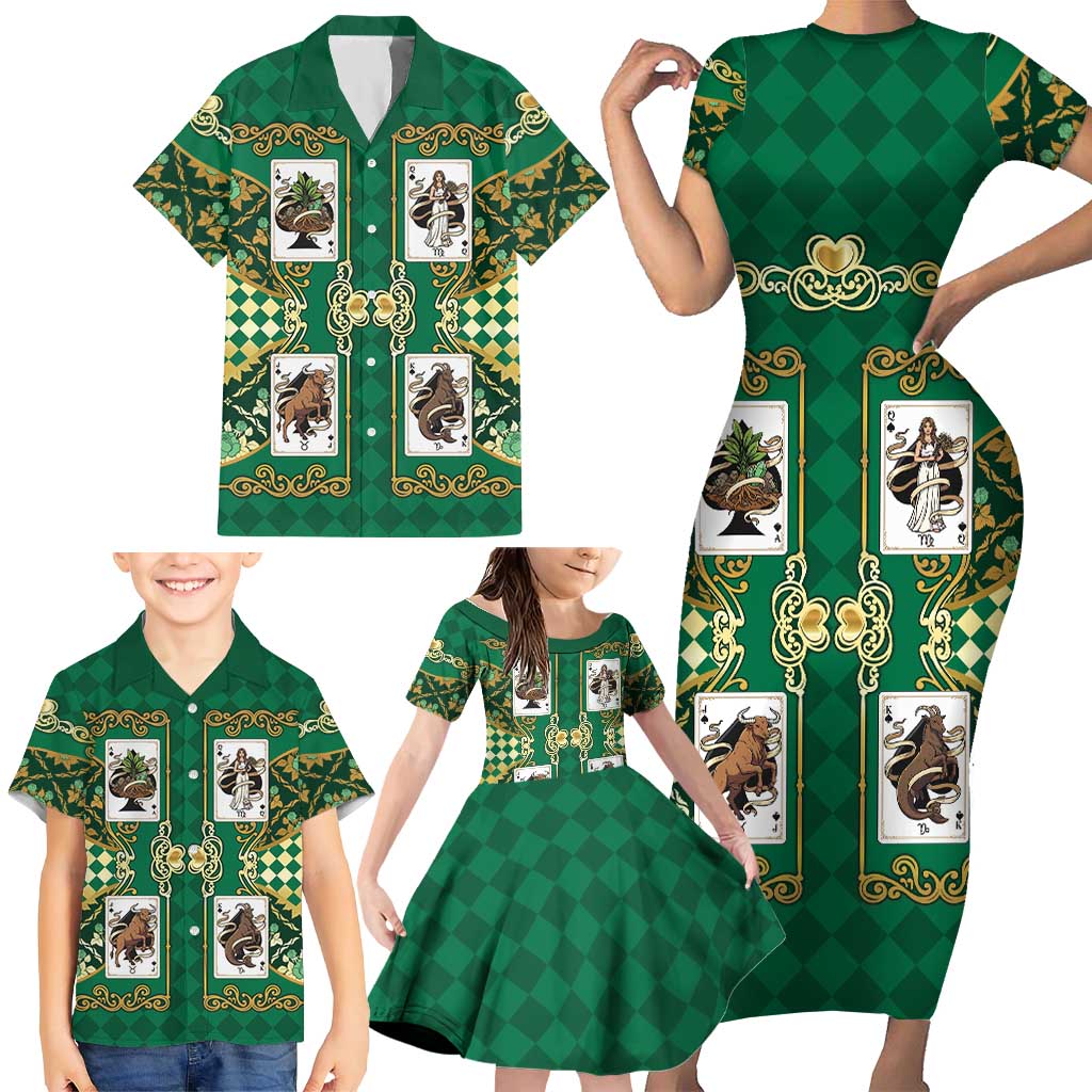 Zodiac Signs Family Matching Short Sleeve Bodycon Dress and Hawaiian Shirt The Earth Element Baroque Spades Card