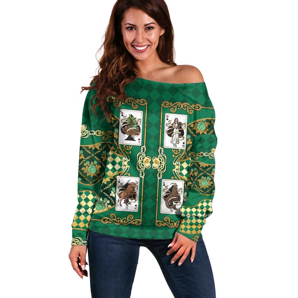 Zodiac Signs Off Shoulder Sweater The Earth Element Baroque Spades Card