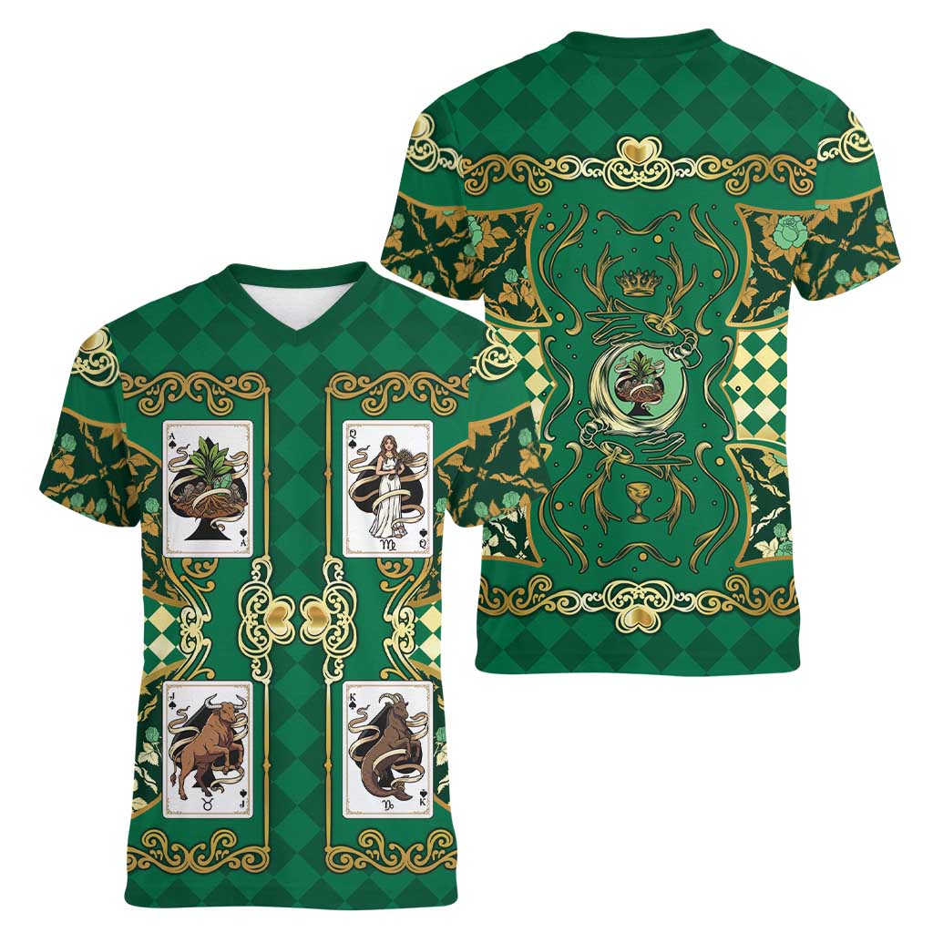 Zodiac Signs Women V-Neck T-Shirt The Earth Element Baroque Spades Card