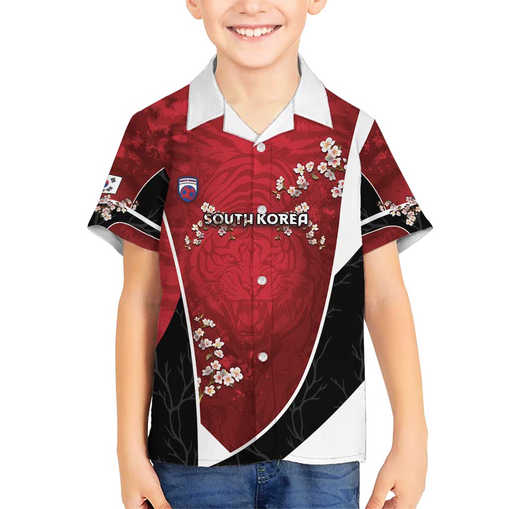 Custom South Korea Football Kid Hawaiian Shirt Tiger Mugunghwa Flower Minimal Style