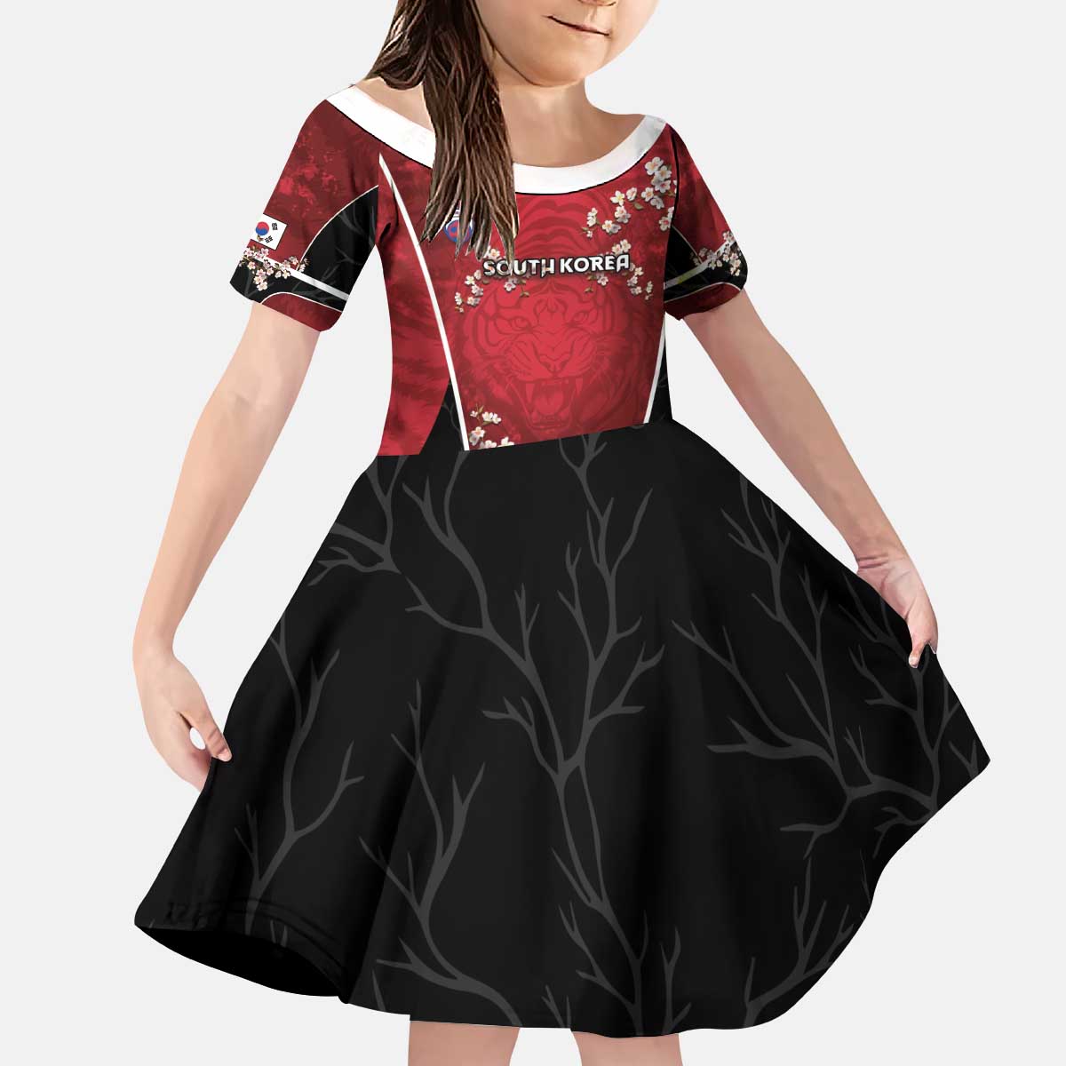 Custom South Korea Football Kid Short Sleeve Dress Tiger Mugunghwa Flower Minimal Style