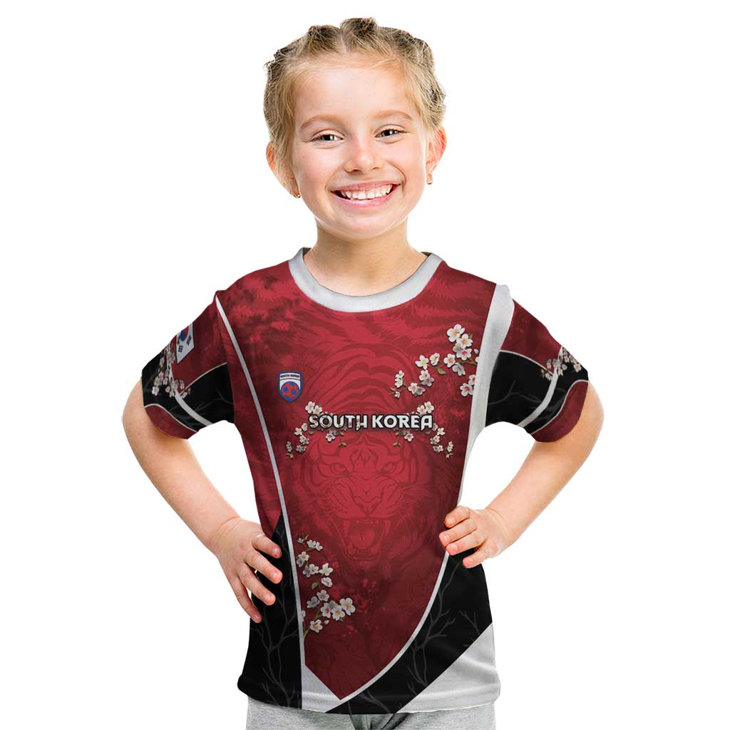 Custom South Korea Football Kid T Shirt Tiger Mugunghwa Flower Minimal Style