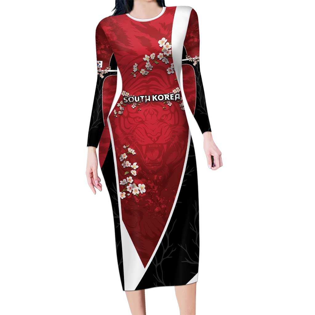 Custom South Korea Football Long Sleeve Bodycon Dress Tiger Mugunghwa Flower Minimal Style