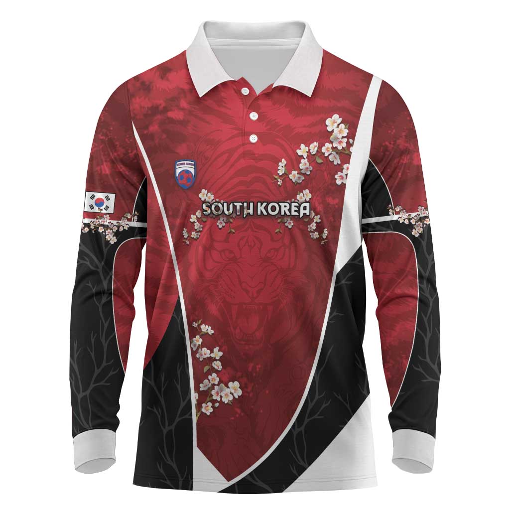 Custom South Korea Football Long Sleeve Polo Shirt Tiger Mugunghwa Flower Minimal Style