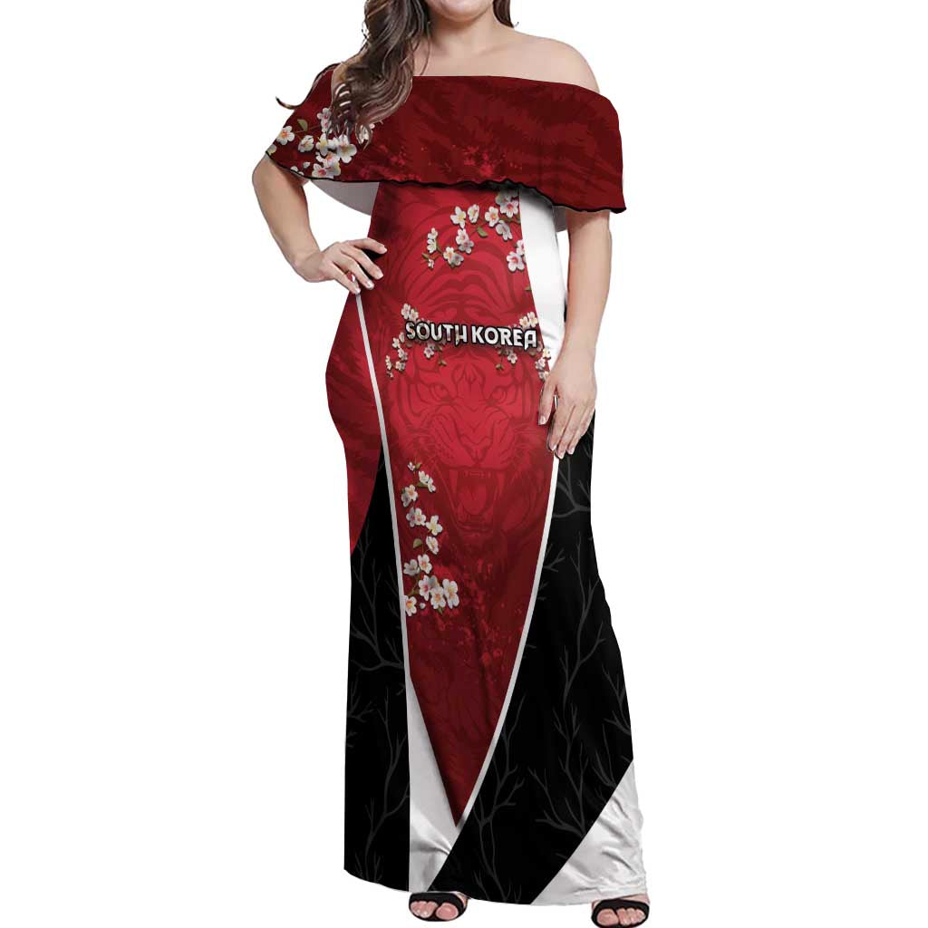 Custom South Korea Football Off Shoulder Maxi Dress Tiger Mugunghwa Flower Minimal Style