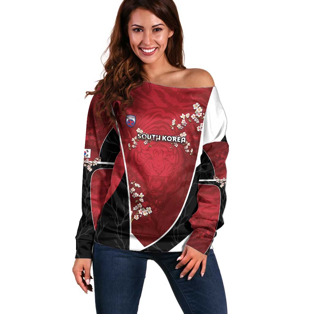 Custom South Korea Football Off Shoulder Sweater Tiger Mugunghwa Flower Minimal Style