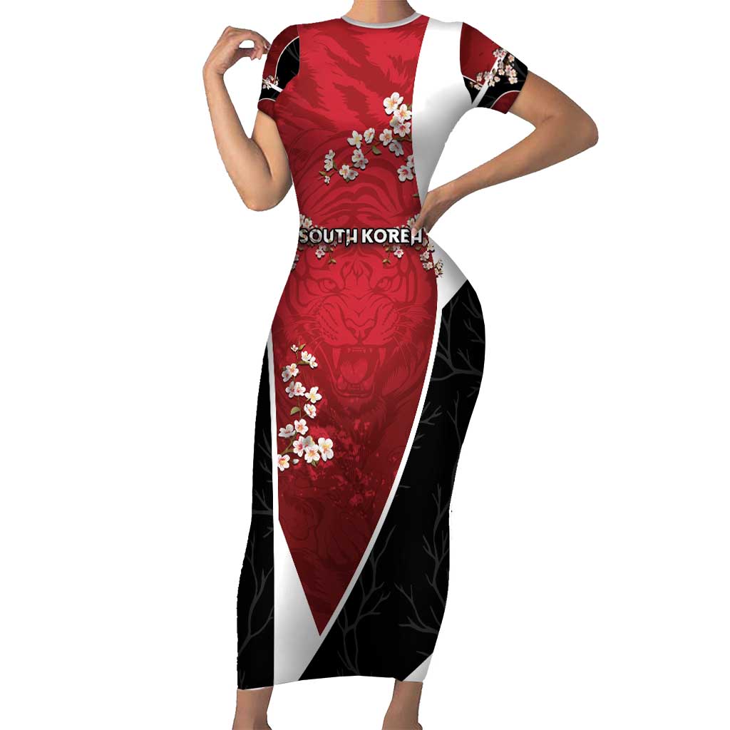 Custom South Korea Football Short Sleeve Bodycon Dress Tiger Mugunghwa Flower Minimal Style