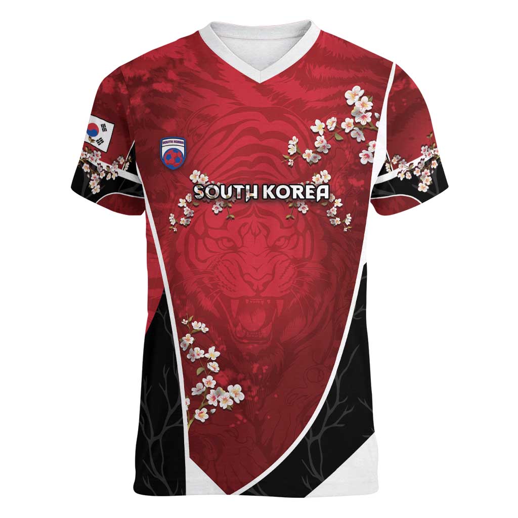 Custom South Korea Football Women V-Neck T-Shirt Tiger Mugunghwa Flower Minimal Style