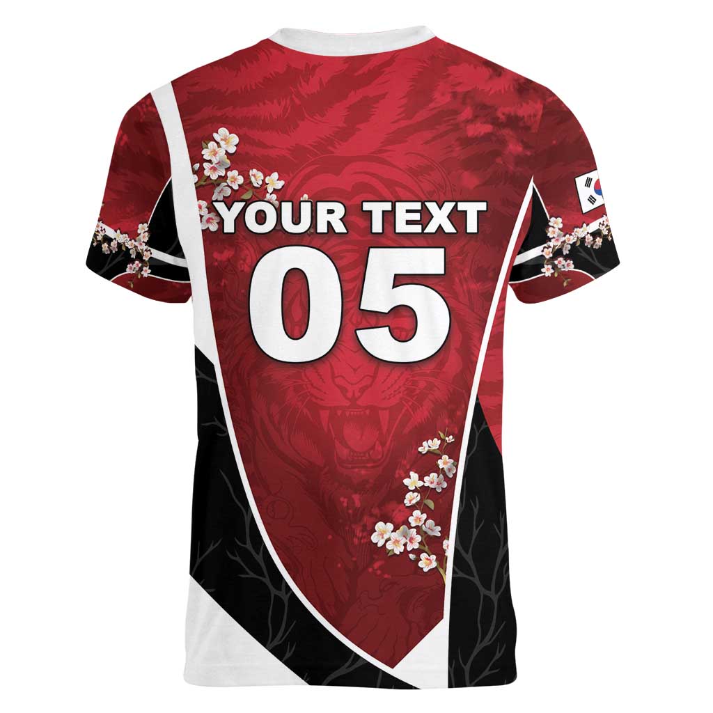 Custom South Korea Football Women V-Neck T-Shirt Tiger Mugunghwa Flower Minimal Style