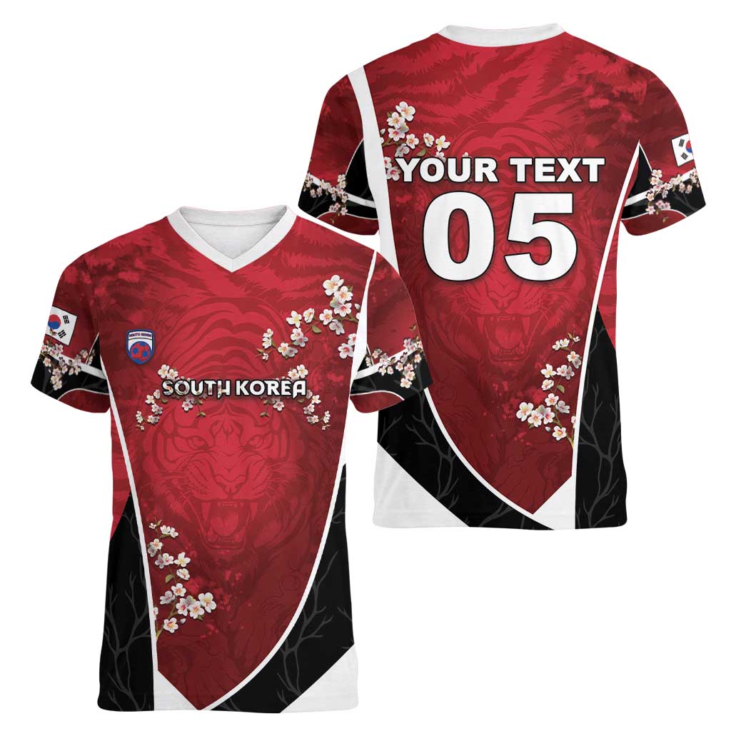 Custom South Korea Football Women V-Neck T-Shirt Tiger Mugunghwa Flower Minimal Style