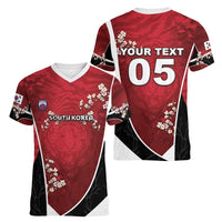 Custom South Korea Football Women V-Neck T-Shirt Tiger Mugunghwa Flower Minimal Style