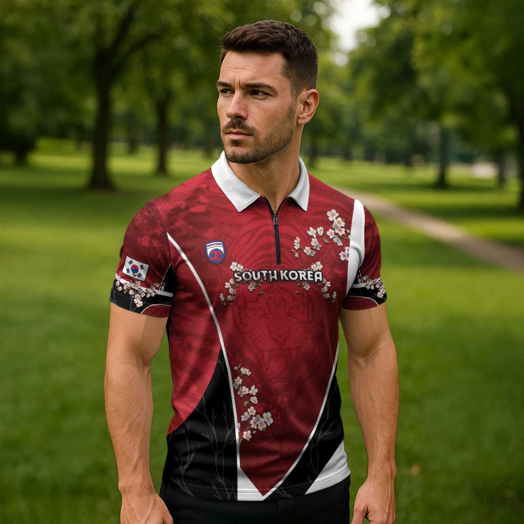 Custom South Korea Football Zipper Polo Shirt Tiger Mugunghwa Flower Minimal Style