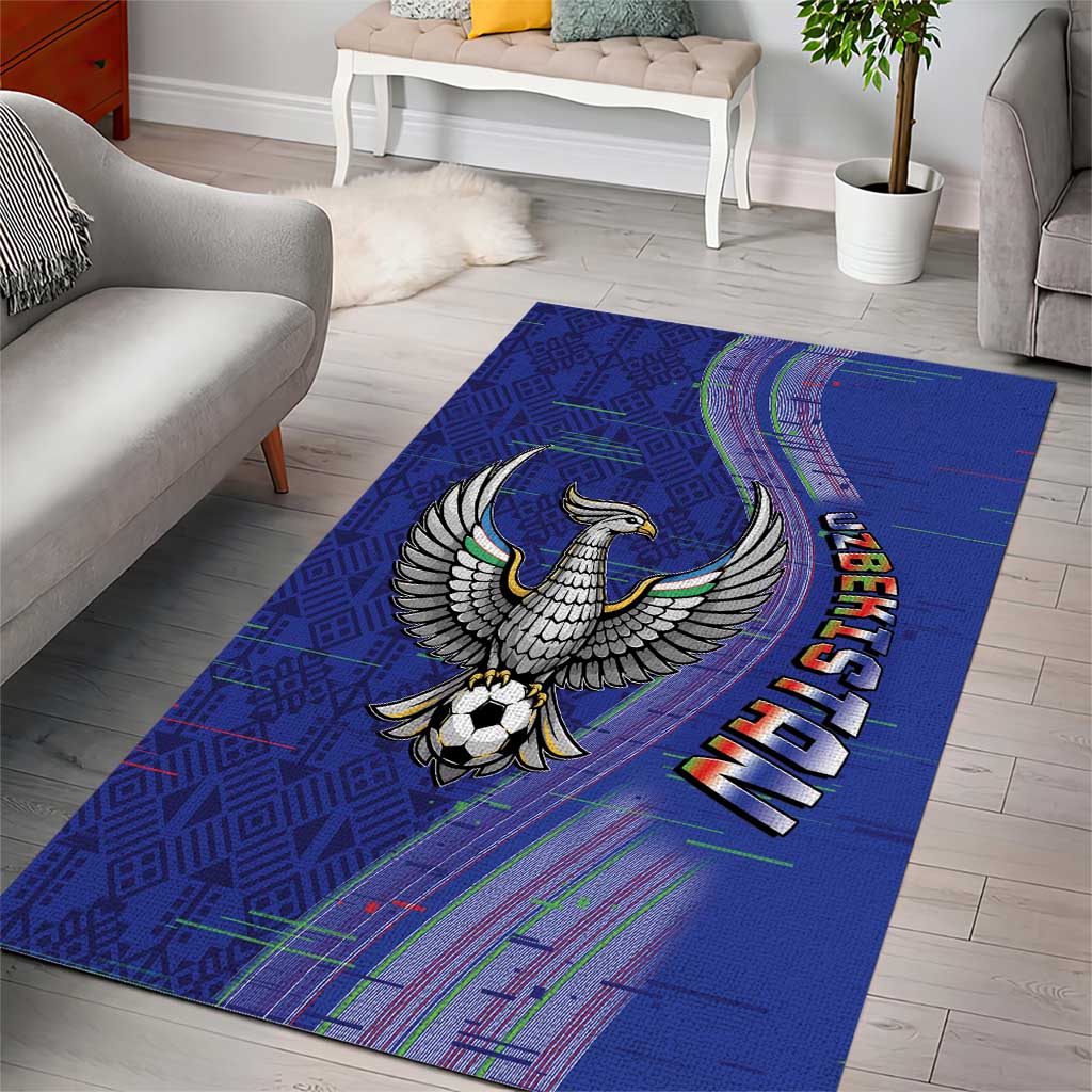 Uzbekistan Football Area Rug Modern Glitch Art Style Huma Bird