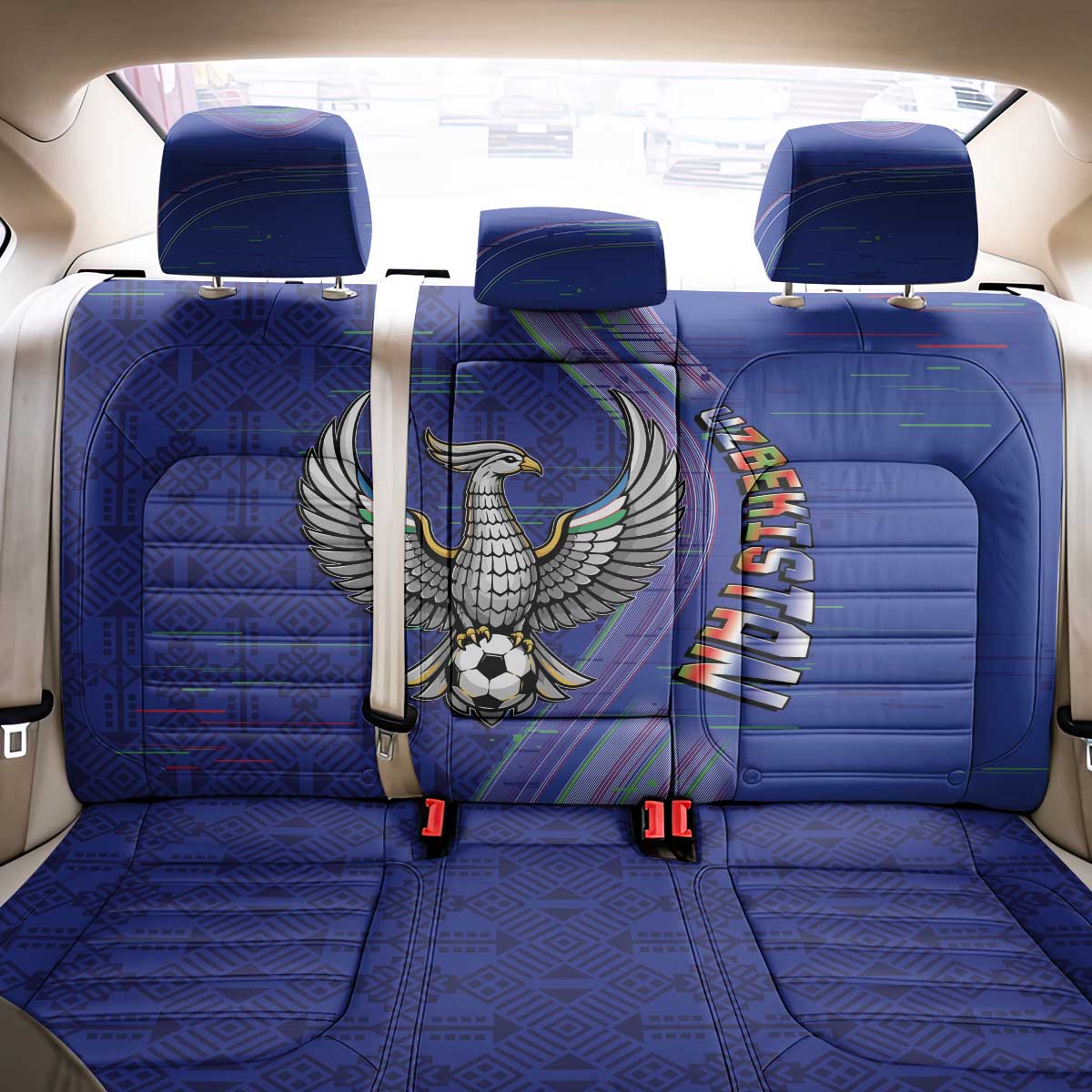 Uzbekistan Football Back Car Seat Cover Modern Glitch Art Style Huma Bird