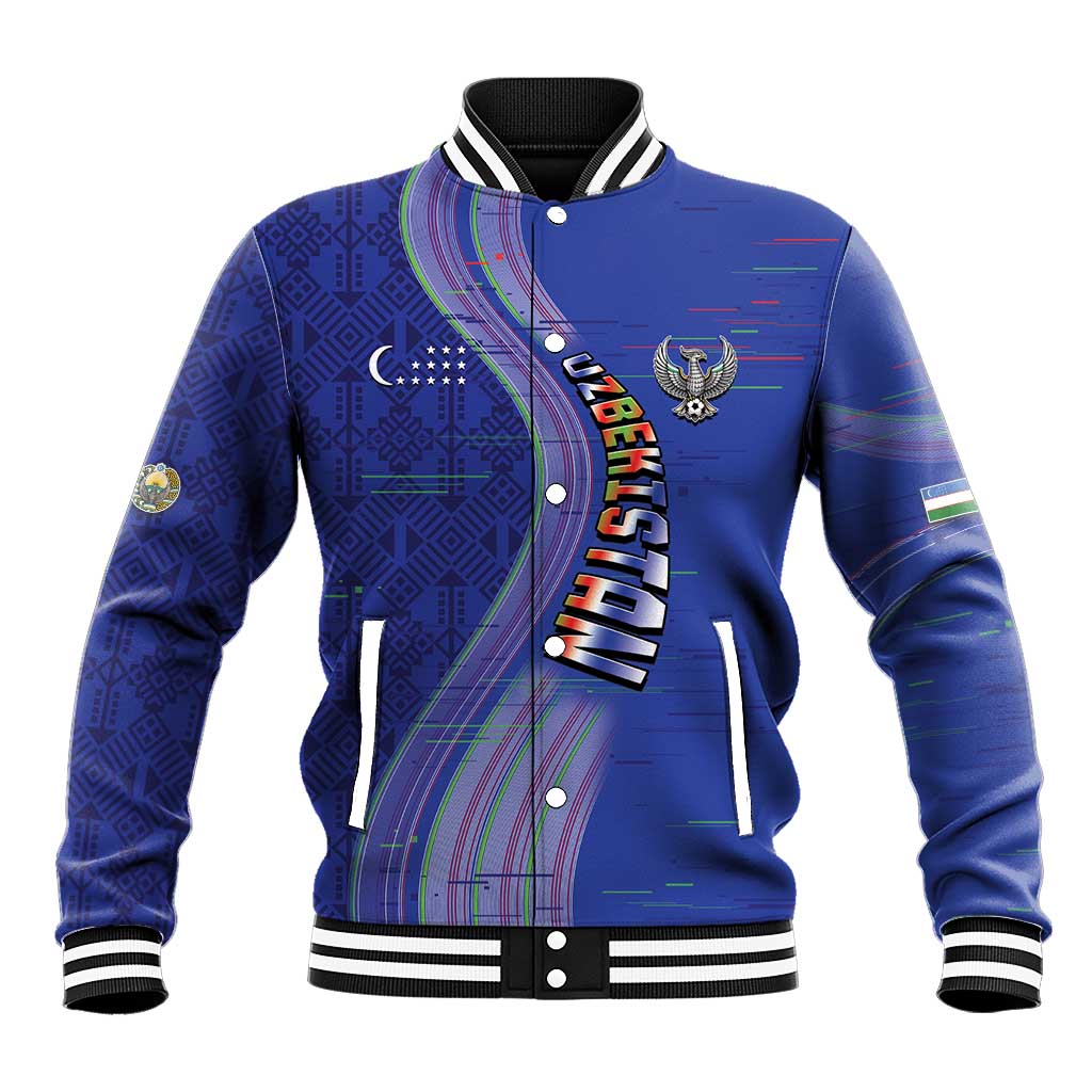 Custom Uzbekistan Football Baseball Jacket Modern Glitch Art Style Huma Bird