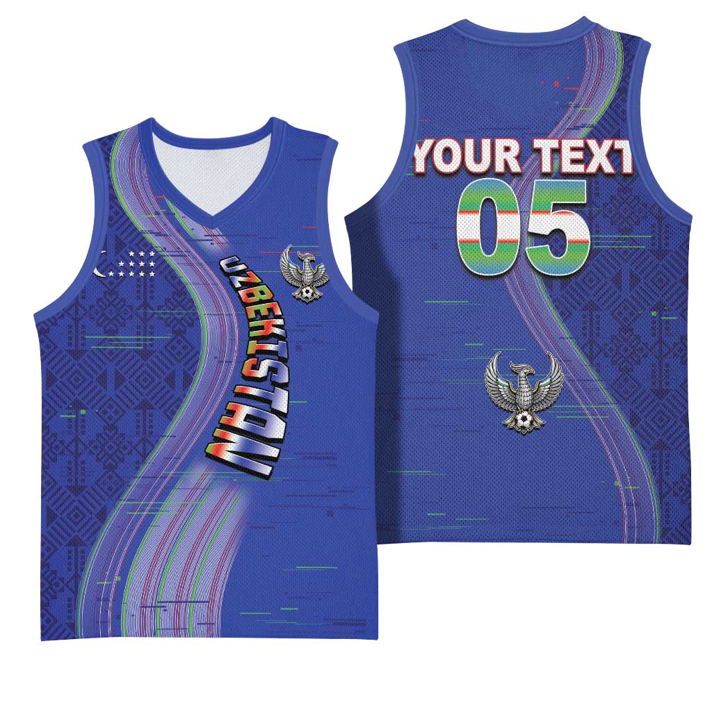 Custom Uzbekistan Football Basketball Jersey Modern Glitch Art Style Huma Bird