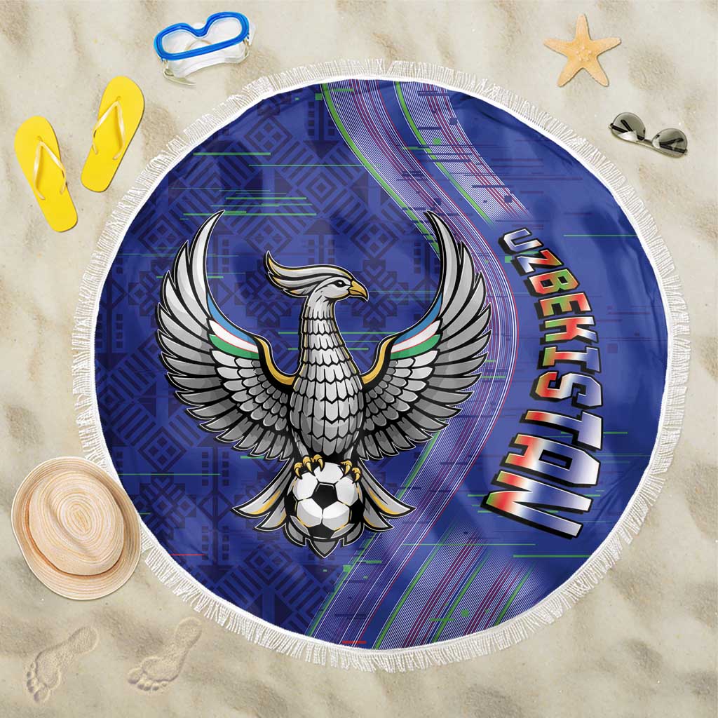 Uzbekistan Football Beach Blanket Modern Glitch Art Style Huma Bird