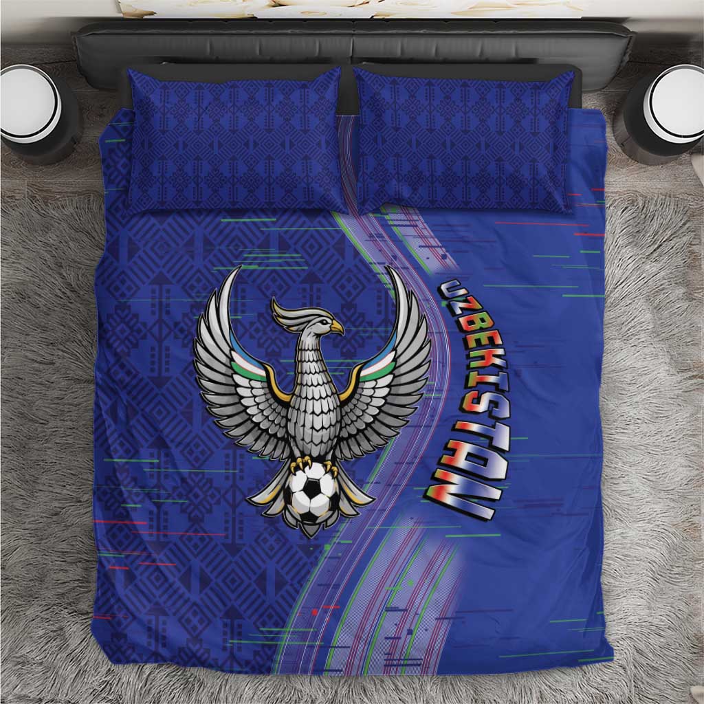 Uzbekistan Football Bedding Set Modern Glitch Art Style Huma Bird