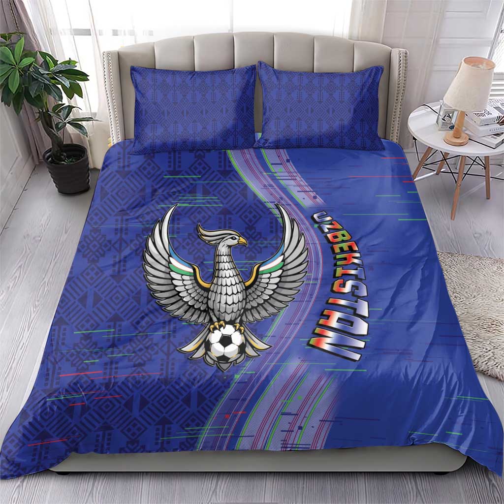 Uzbekistan Football Bedding Set Modern Glitch Art Style Huma Bird