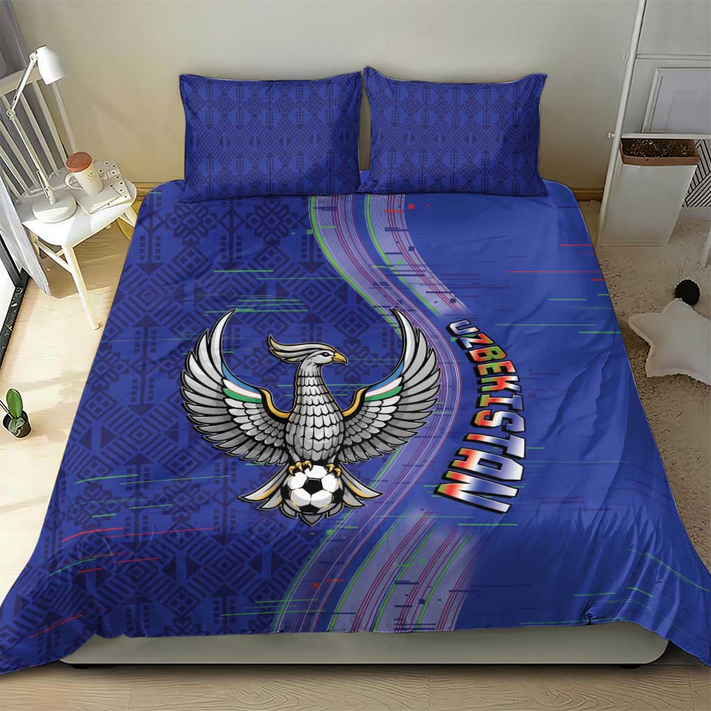 Uzbekistan Football Bedding Set Modern Glitch Art Style Huma Bird