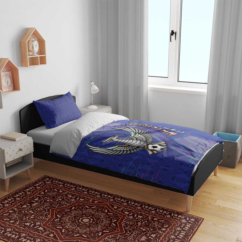 Uzbekistan Football Bedding Set Modern Glitch Art Style Huma Bird