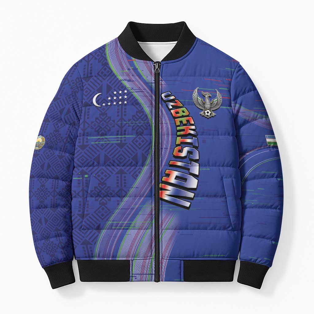 Custom Uzbekistan Football Bomber Puffer Jacket Modern Glitch Art Style Huma Bird