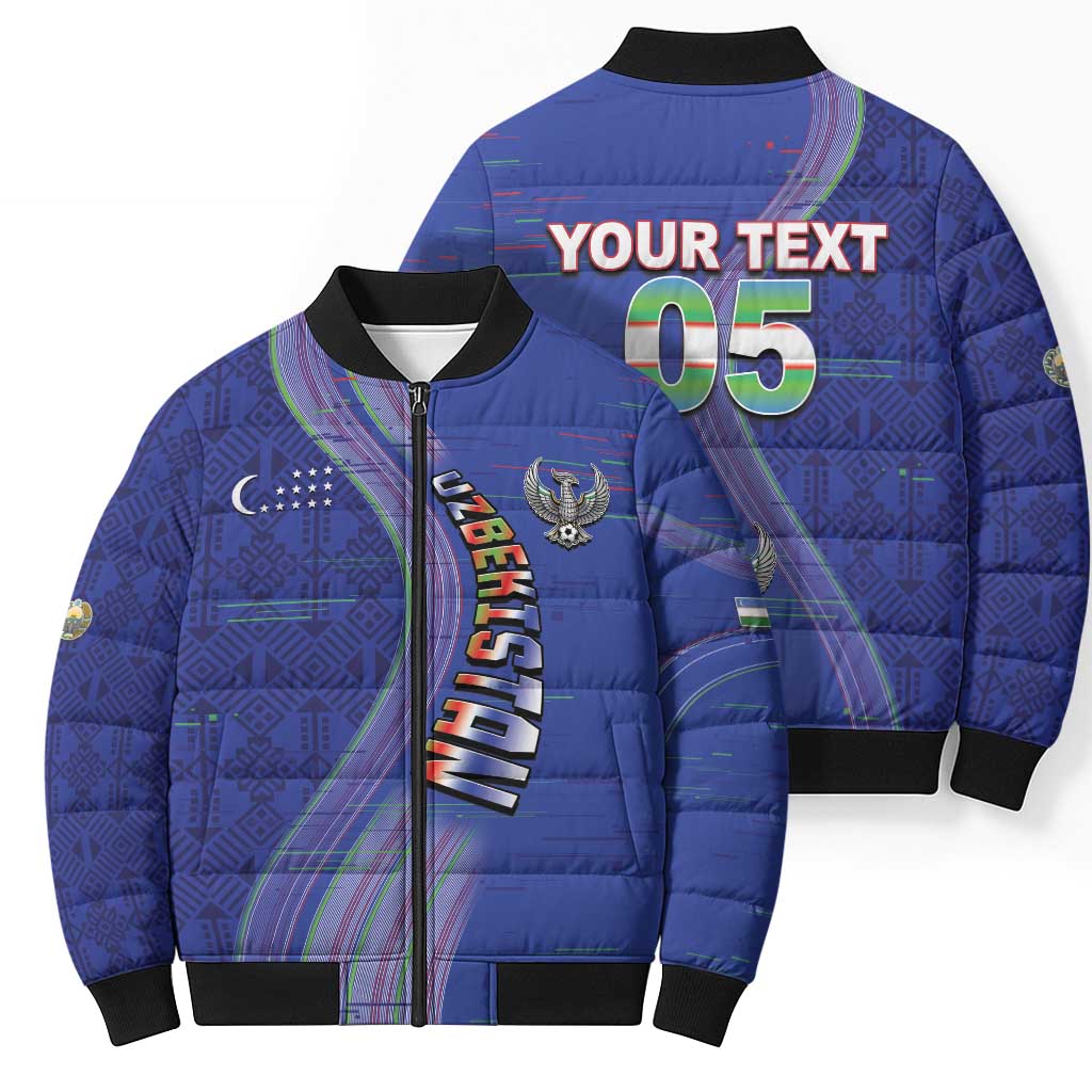 Custom Uzbekistan Football Bomber Puffer Jacket Modern Glitch Art Style Huma Bird
