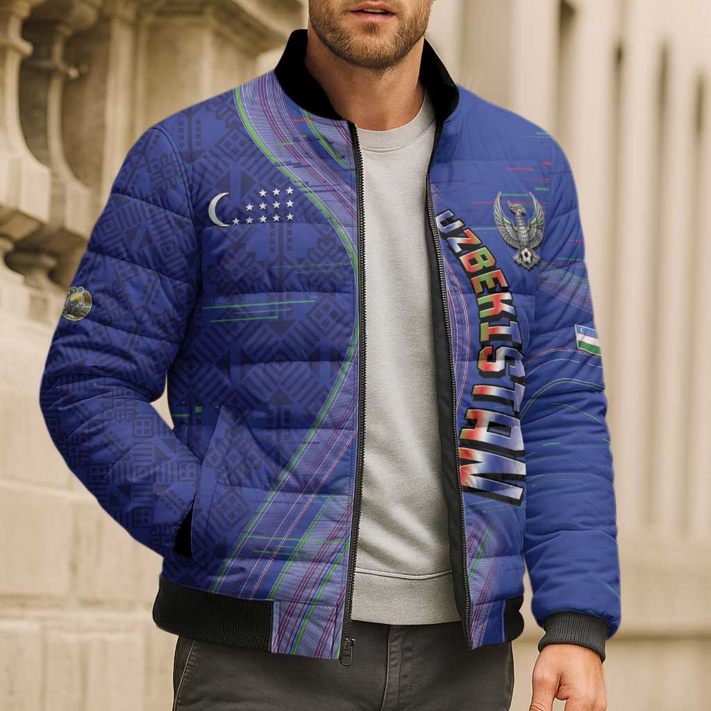 Custom Uzbekistan Football Bomber Puffer Jacket Modern Glitch Art Style Huma Bird