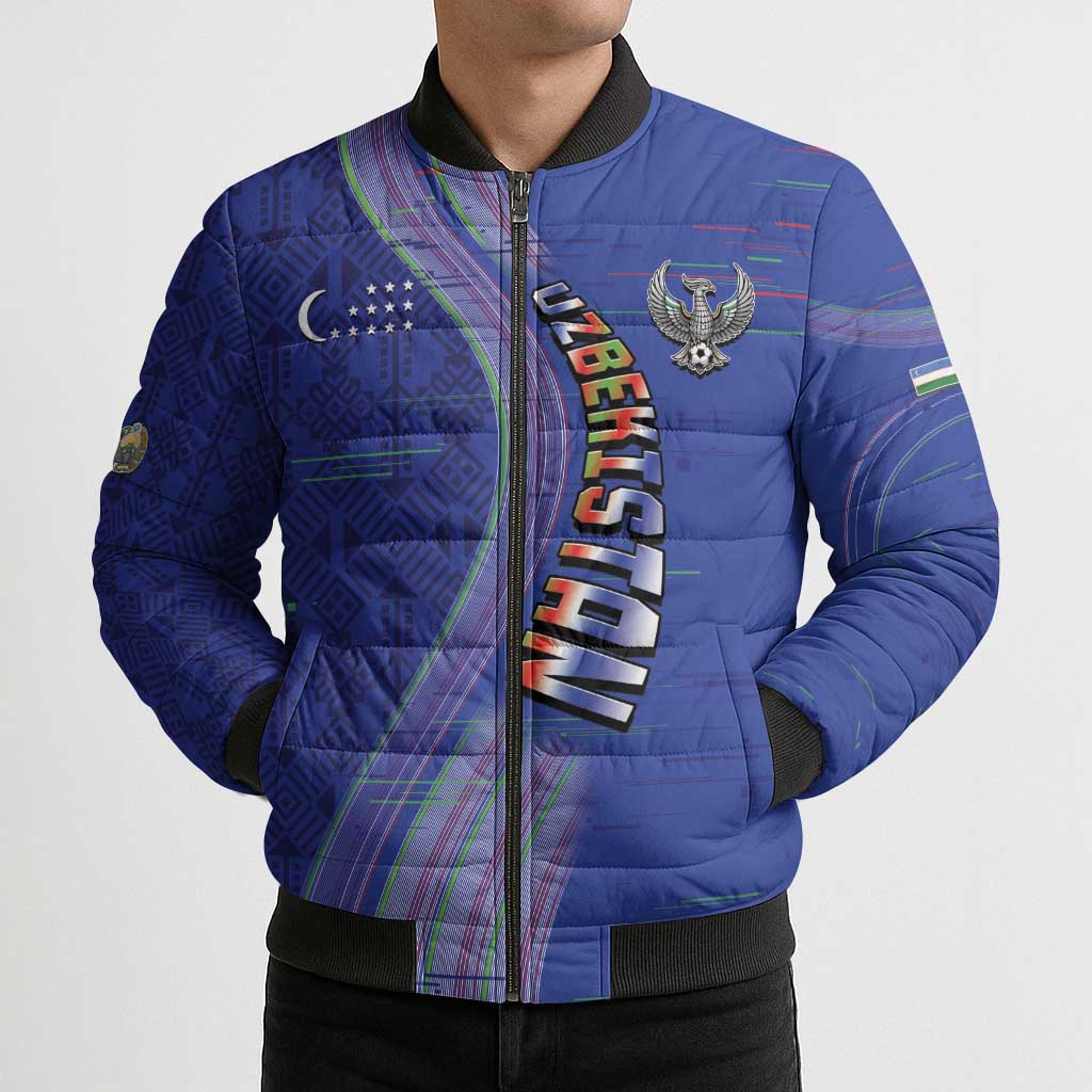 Custom Uzbekistan Football Bomber Puffer Jacket Modern Glitch Art Style Huma Bird