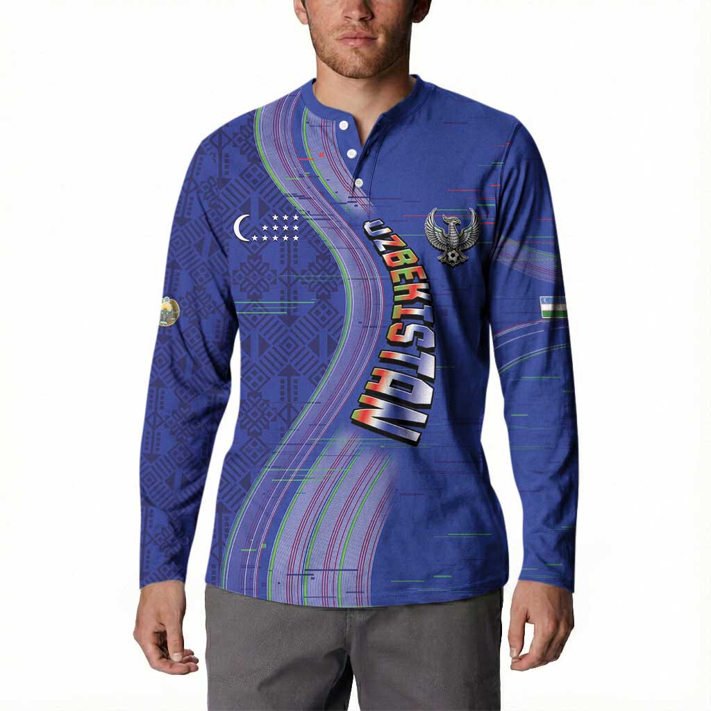 Custom Uzbekistan Football Button Sweatshirt Modern Glitch Art Style Huma Bird