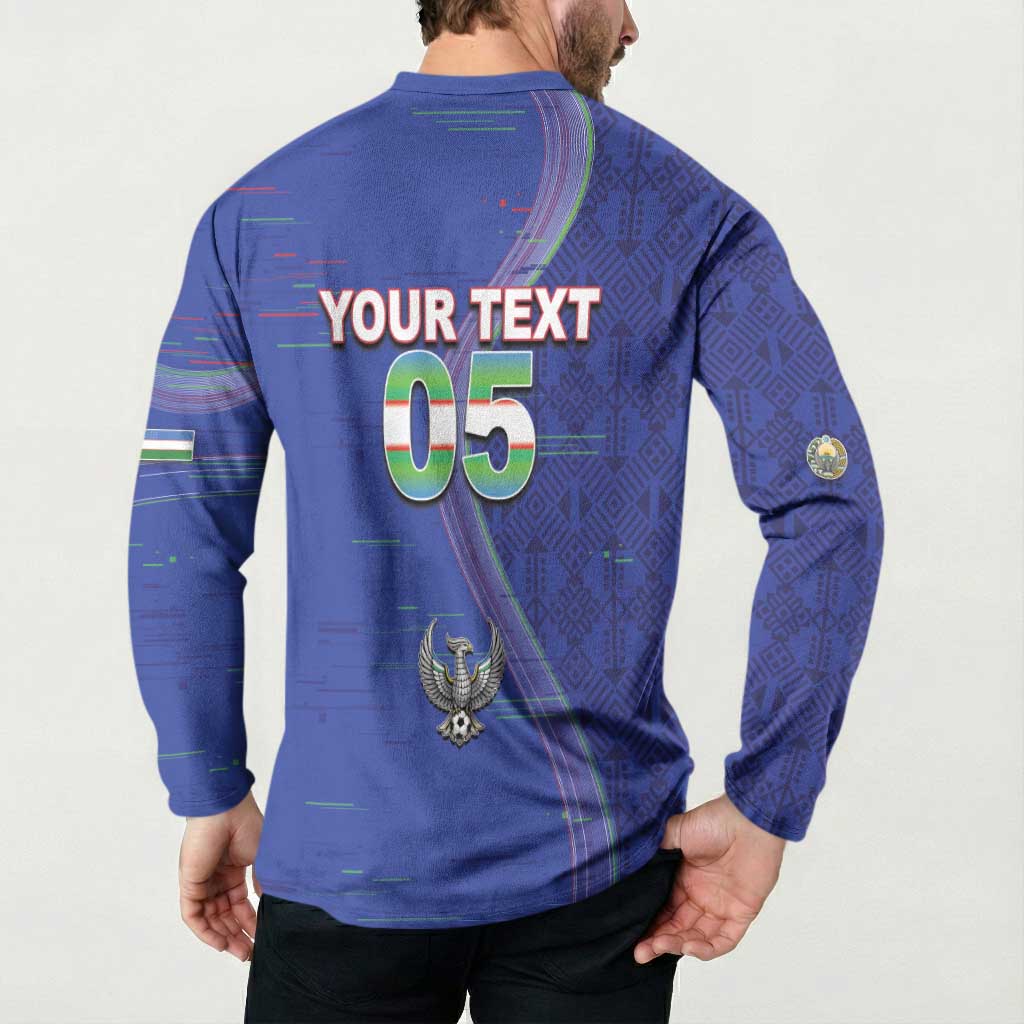Custom Uzbekistan Football Button Sweatshirt Modern Glitch Art Style Huma Bird