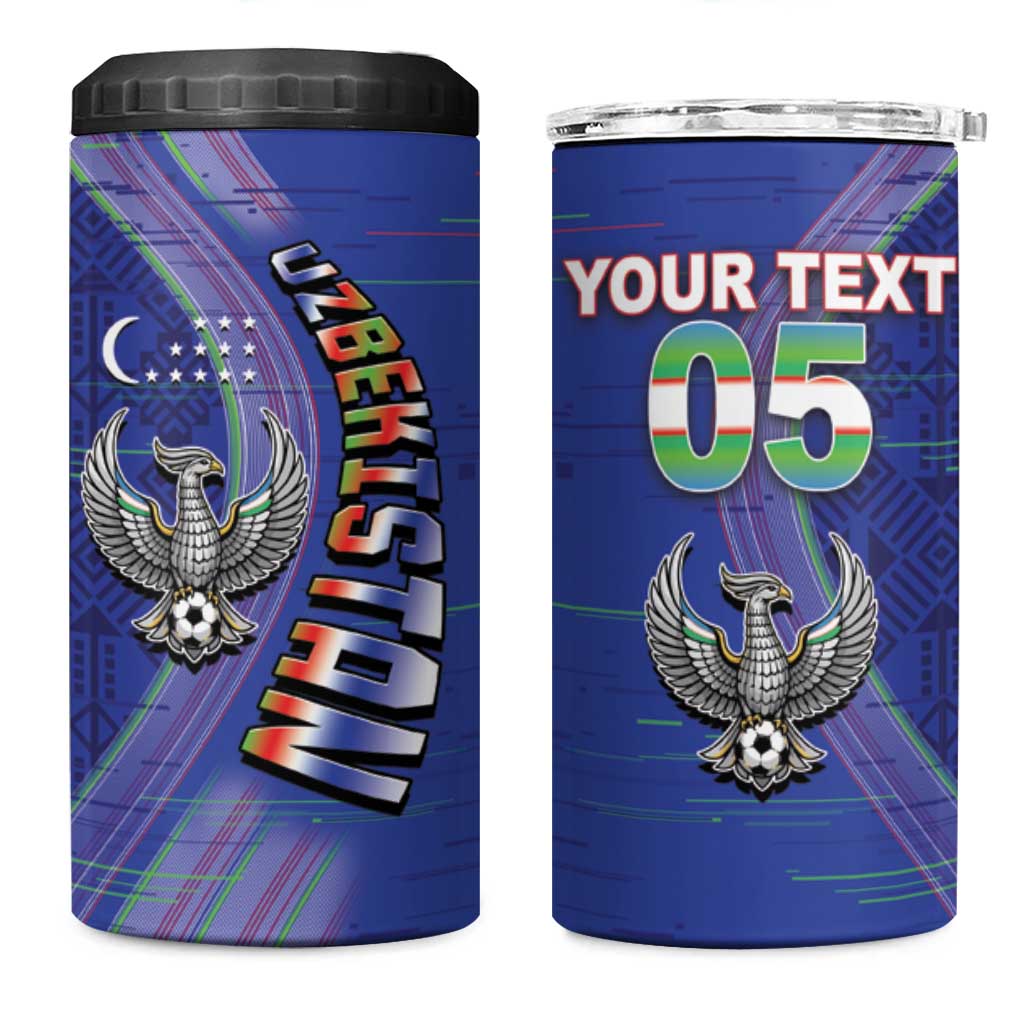 Custom Uzbekistan Football 4 in 1 Can Cooler Tumbler Modern Glitch Art Style Huma Bird