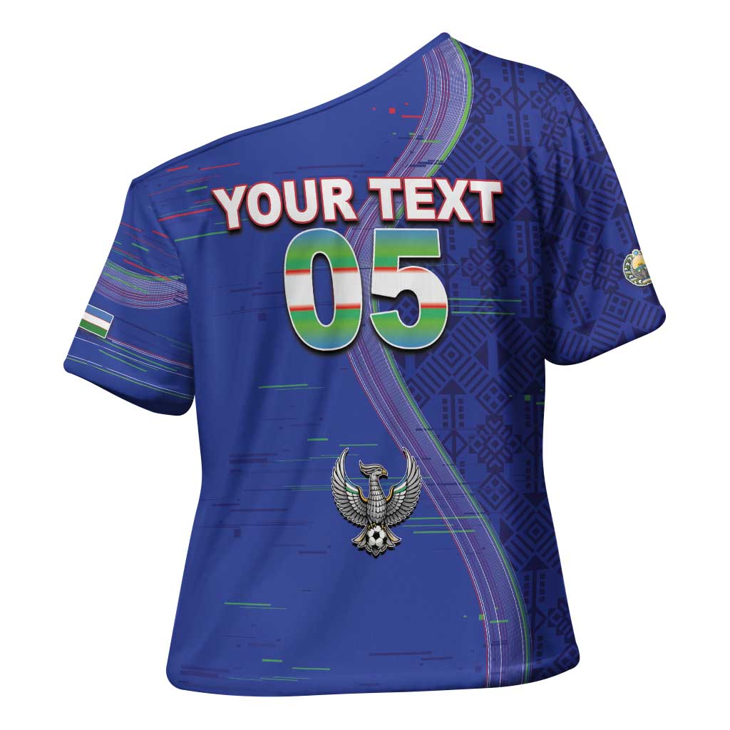 Custom Uzbekistan Football Cross Shoulder Shirt Modern Glitch Art Style Huma Bird