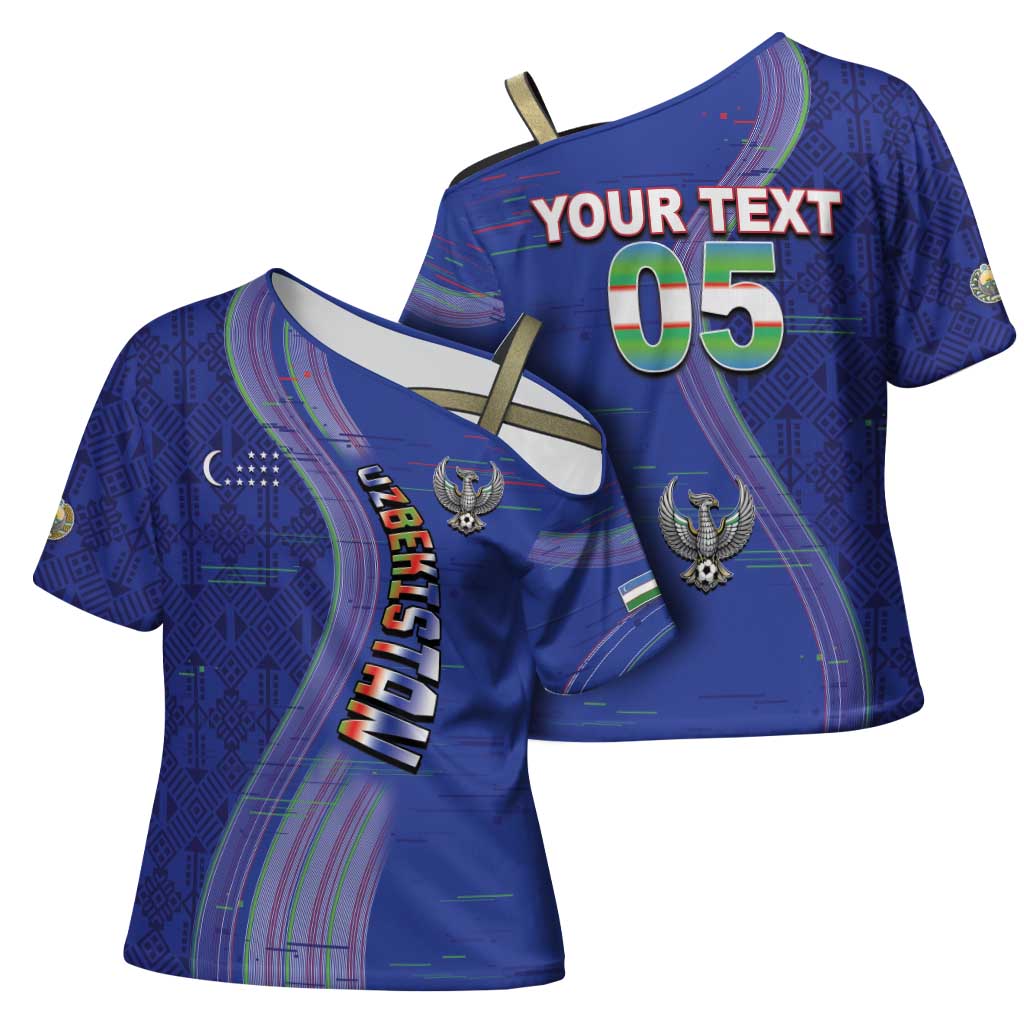 Custom Uzbekistan Football Cross Shoulder Shirt Modern Glitch Art Style Huma Bird