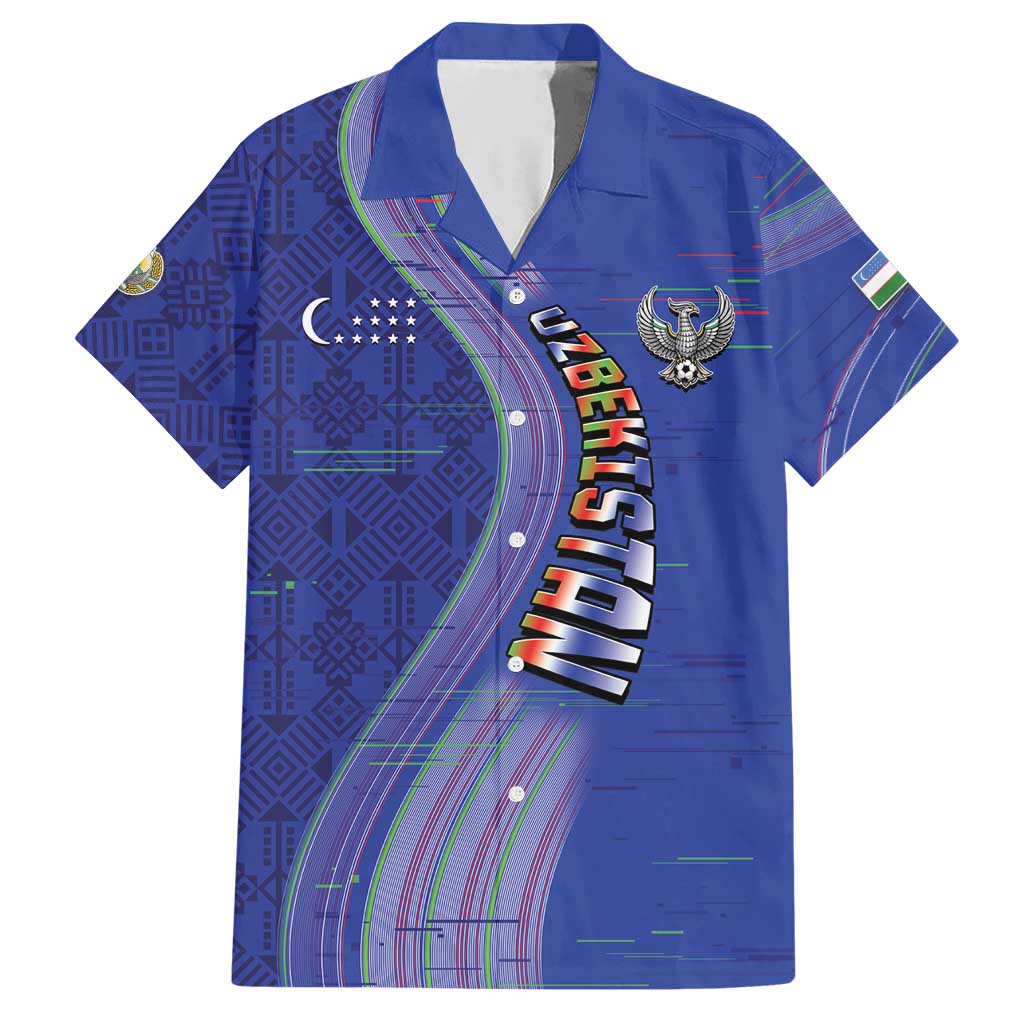 Custom Uzbekistan Football Hawaiian Shirt Modern Glitch Art Style Huma Bird