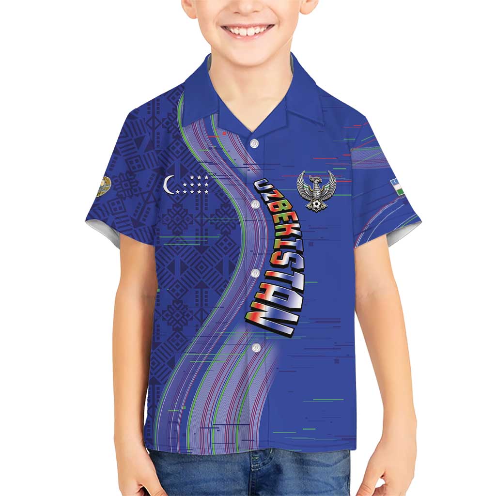 Custom Uzbekistan Football Hawaiian Shirt Modern Glitch Art Style Huma Bird