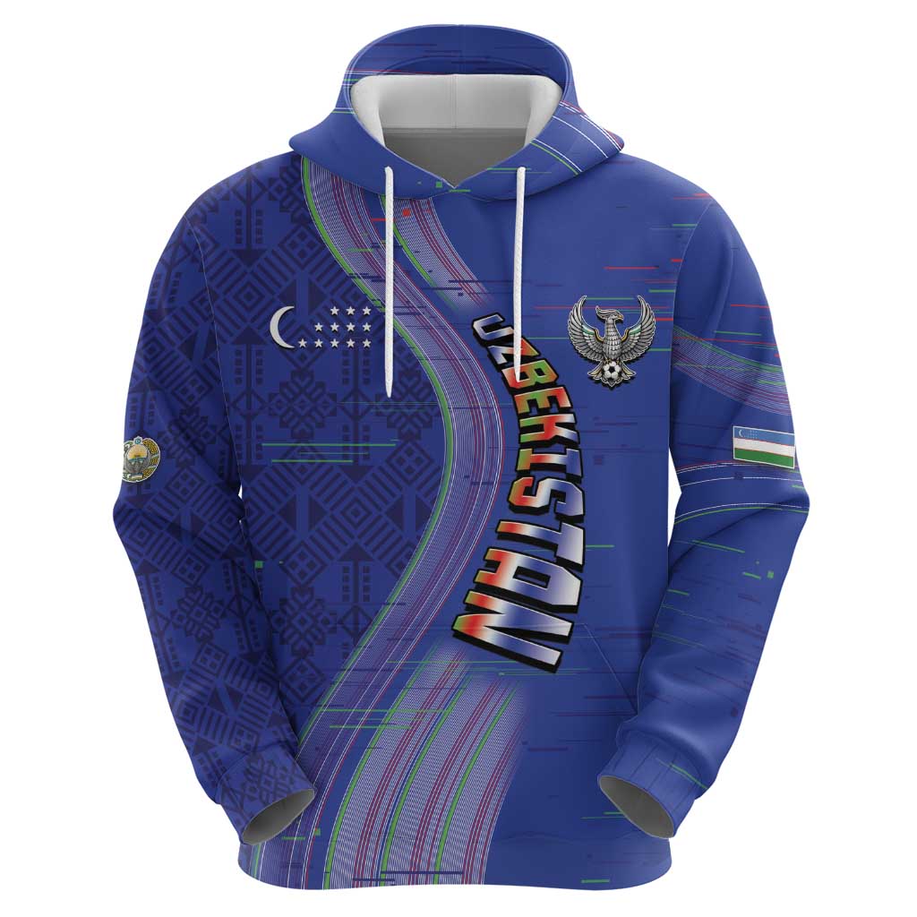 Custom Uzbekistan Football Hoodie Modern Glitch Art Style Huma Bird