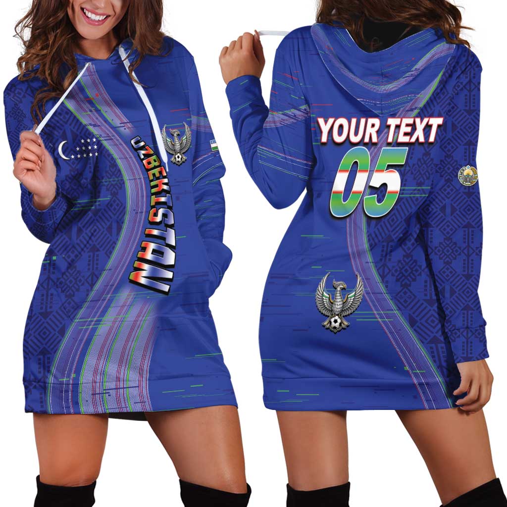 Custom Uzbekistan Football Hoodie Dress Modern Glitch Art Style Huma Bird