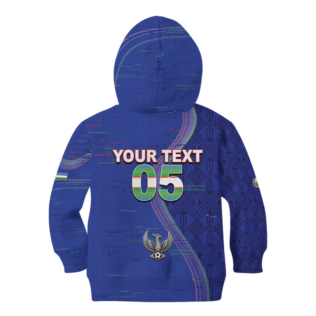 Custom Uzbekistan Football Kid Hoodie Modern Glitch Art Style Huma Bird