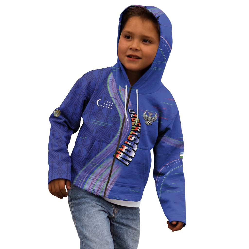Custom Uzbekistan Football Kid Hoodie Modern Glitch Art Style Huma Bird