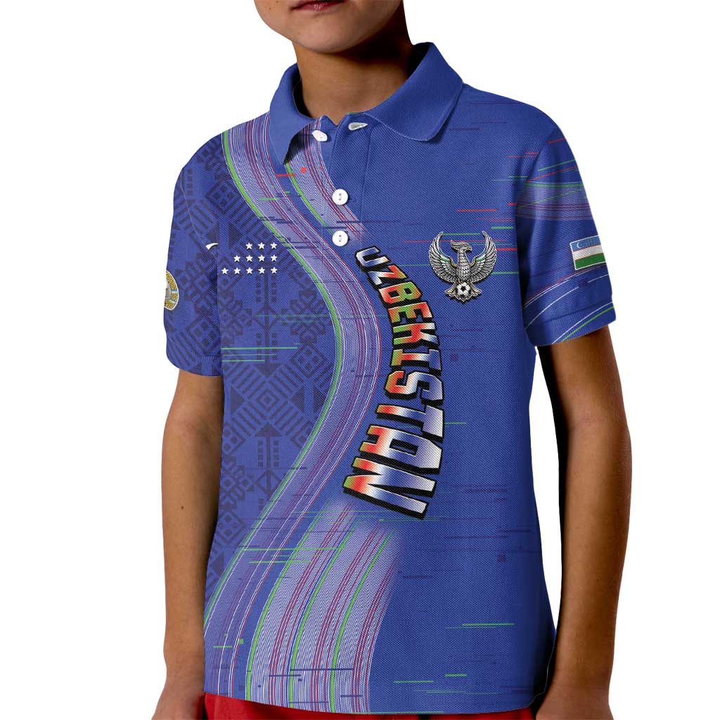 Custom Uzbekistan Football Kid Polo Shirt Modern Glitch Art Style Huma Bird