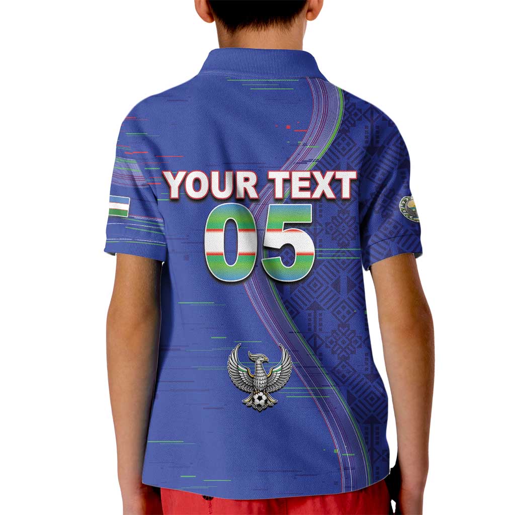 Custom Uzbekistan Football Kid Polo Shirt Modern Glitch Art Style Huma Bird