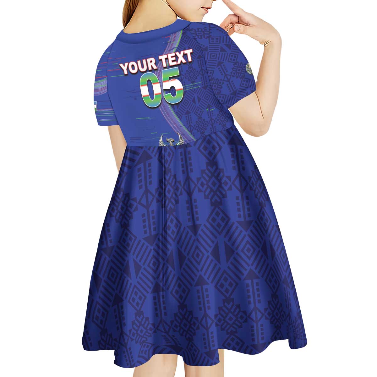 Custom Uzbekistan Football Kid Short Sleeve Dress Modern Glitch Art Style Huma Bird