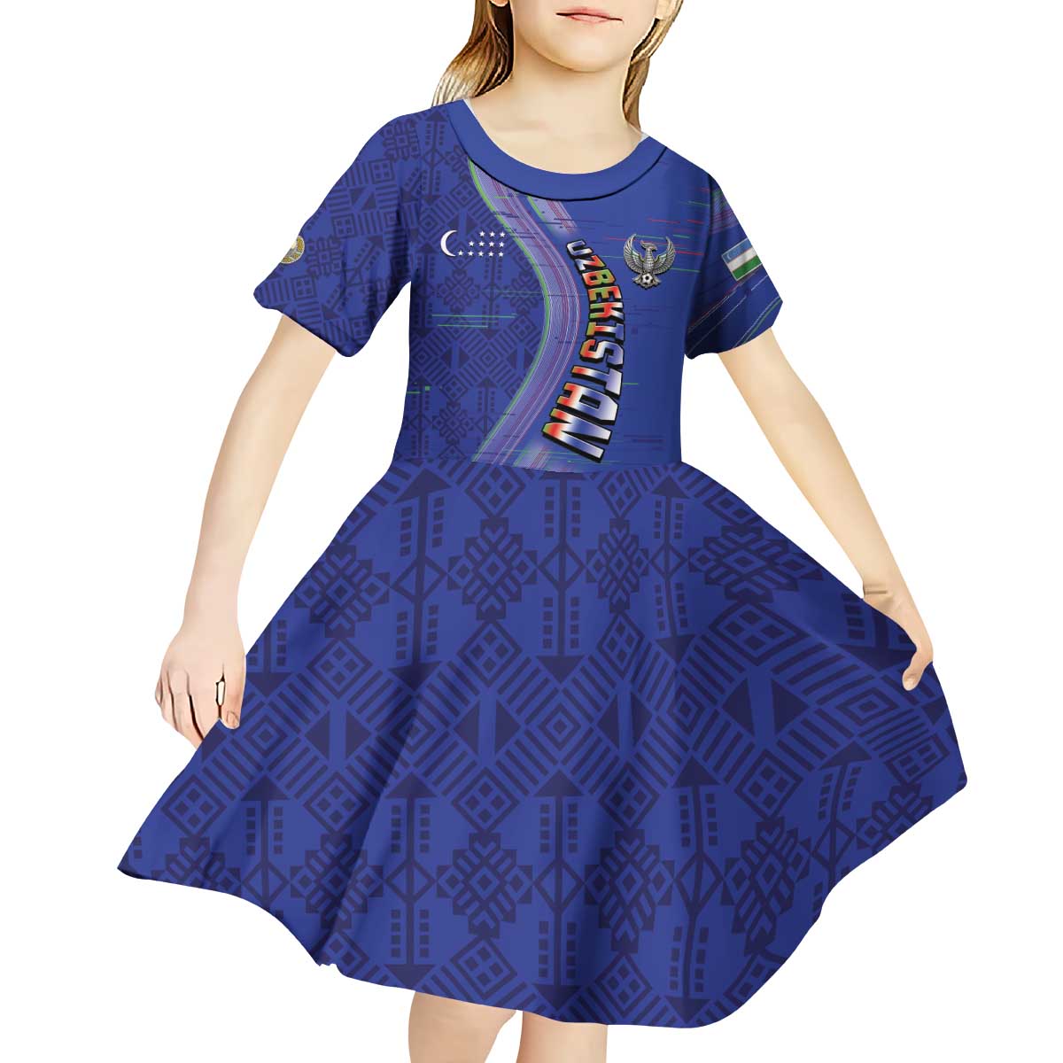 Custom Uzbekistan Football Kid Short Sleeve Dress Modern Glitch Art Style Huma Bird