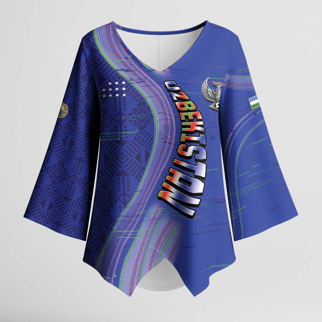 Custom Uzbekistan Football Kimono Sleeve Blouse Modern Glitch Art Style Huma Bird