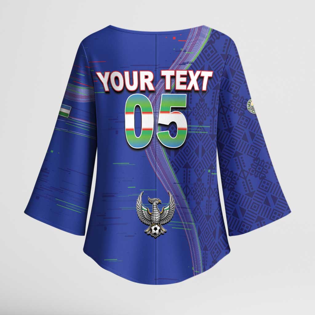 Custom Uzbekistan Football Kimono Sleeve Blouse Modern Glitch Art Style Huma Bird
