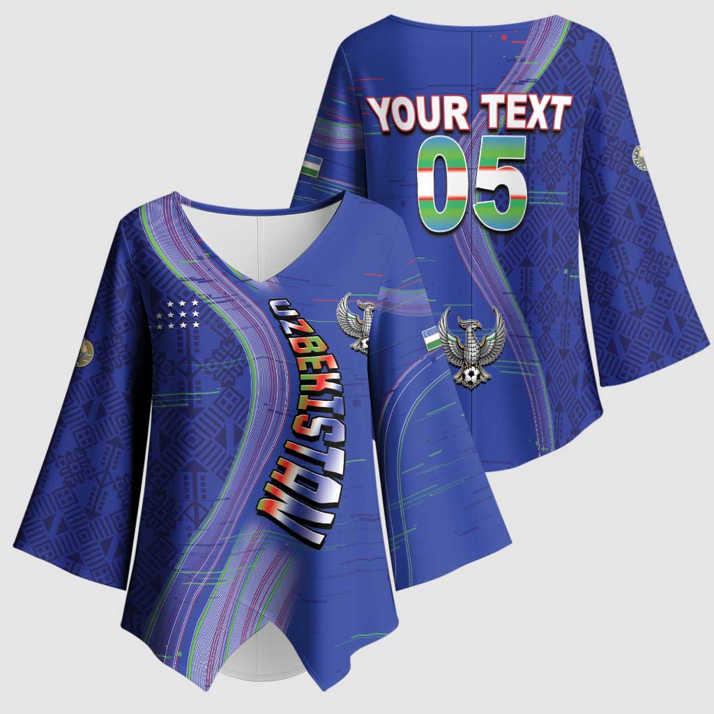 Custom Uzbekistan Football Kimono Sleeve Blouse Modern Glitch Art Style Huma Bird