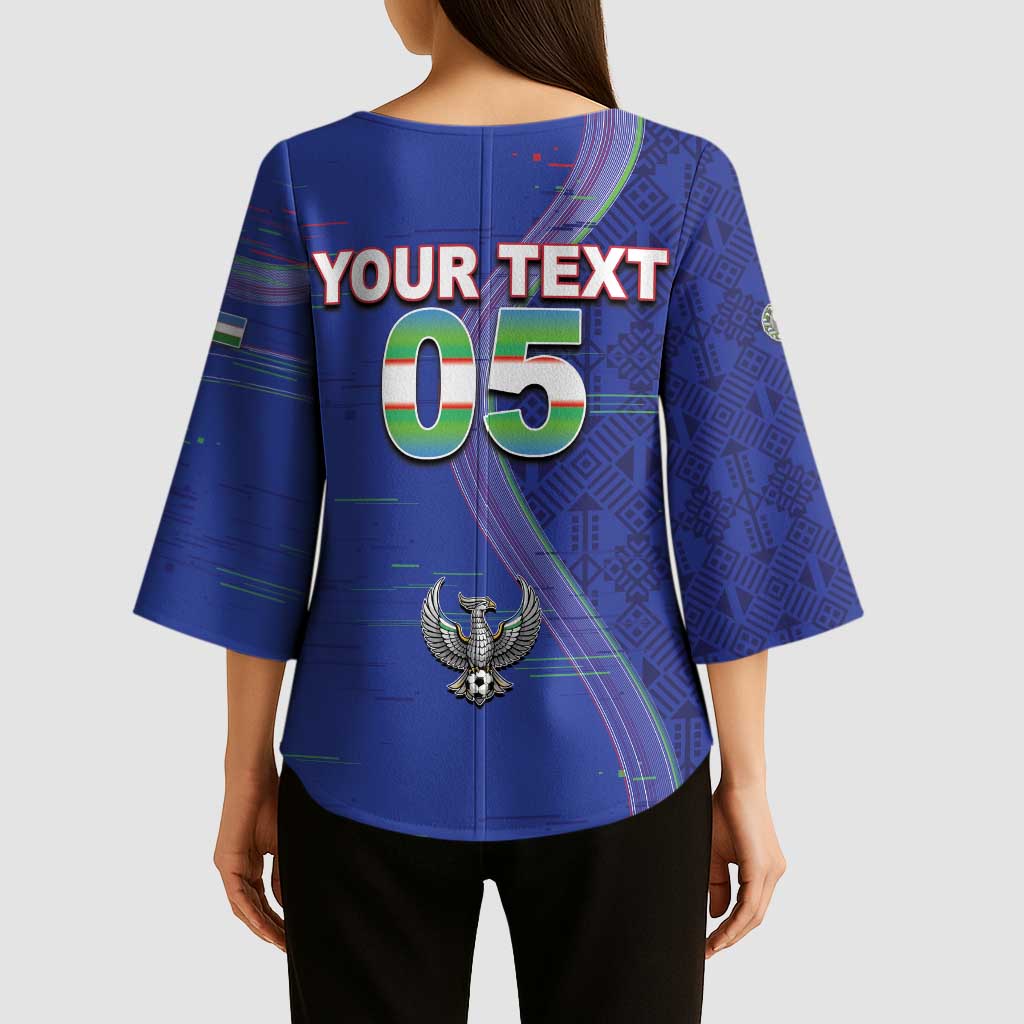 Custom Uzbekistan Football Kimono Sleeve Blouse Modern Glitch Art Style Huma Bird